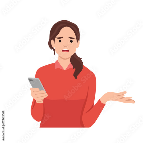 Anger frustration confusion concept. Nervous girl looking at smartphone screen. Furious teenager irritated with phone malfunction. Mad woman angry with bad message