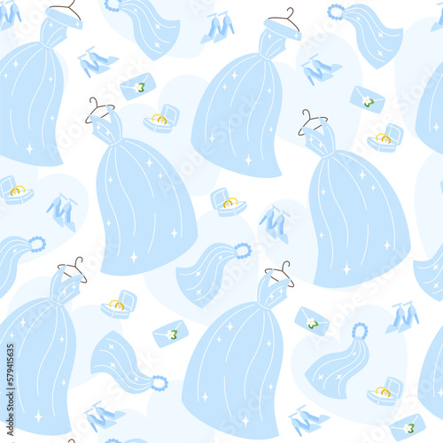 Wedding seamless pattern with blue dresses, rings, bridal veil in flat style