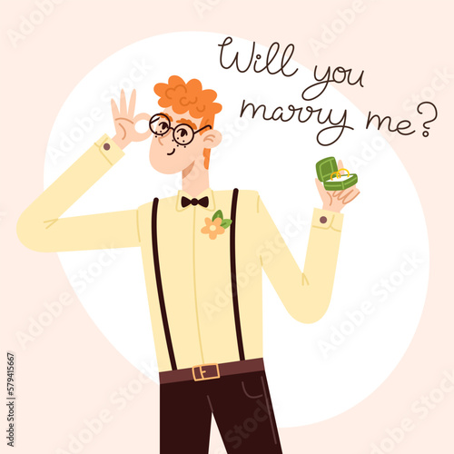 Young man in a suit making a wedding proposal