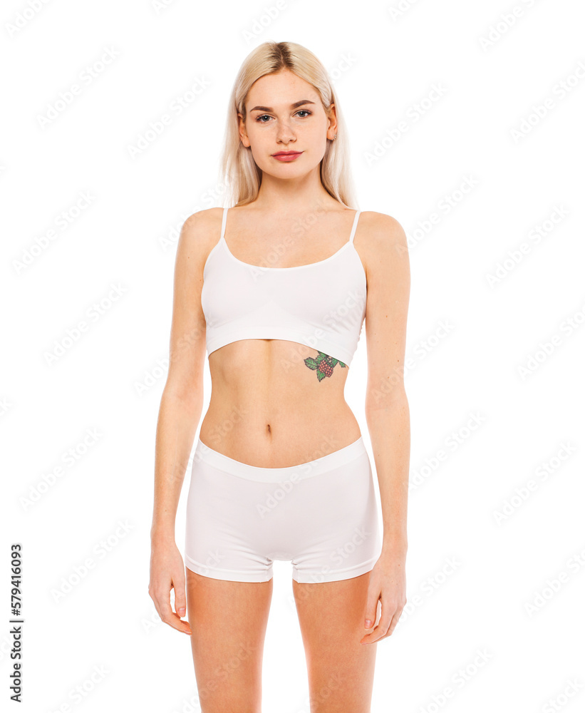 Young beautiful blonde woman in white sports underwear Young beautiful blonde woman in white sports underwear
