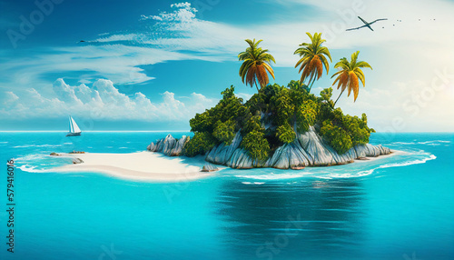 Realistic beautiful palm tree on tropical island beach background  Generative AI