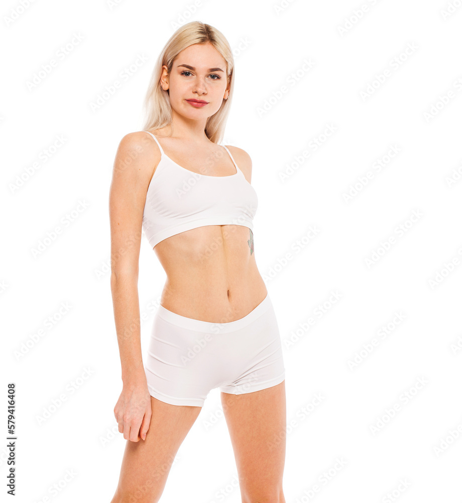 Young beautiful blonde woman in white sports underwear Young beautiful blonde woman in white sports underwear