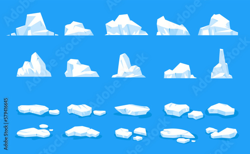 Ice floes. Antarctic floating glacier pieces, melting icebergs and frozen icy blocks, blue frost floe in cold water flat style. Vector cartoon set