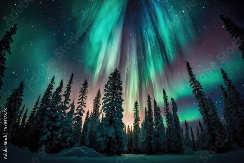 Spectacular northern lights  or Aurora Borealis  dancing above a winter forest and snowy landscape on a clear  cold night in Scandinavia or northern Europe. Generative AI