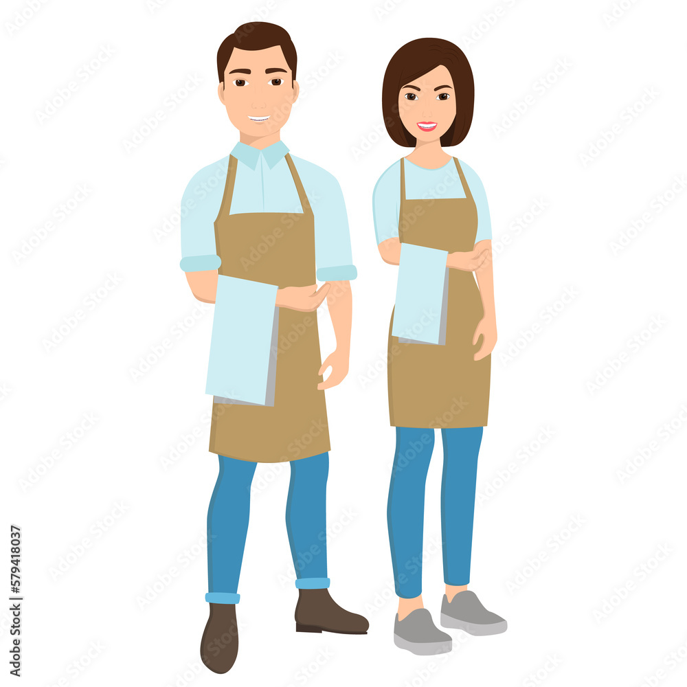 Waiters, woman and men with towels on their hands. Vector flat illustration Waiters, woman and men with towels on their hands. Vector flat illustration