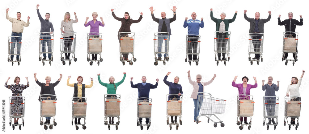 Fototapeta premium group of people with cart raised their hands up
