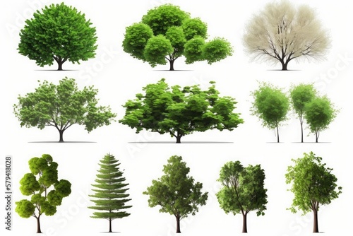 Set of trees with different green crowns on a white background. Generative ai.