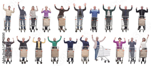 group of people with cart raised their hands up