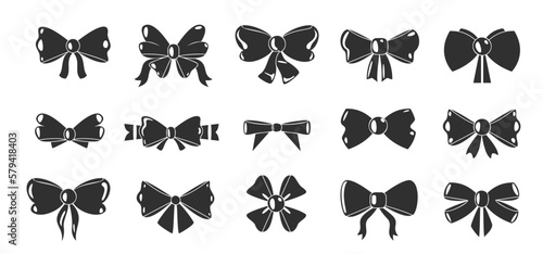 Black bows icons. Decorative bowknot silhouettes different shapes, gift wrapping ribbons, ornate elements for party celebration decor. Vector isolated set