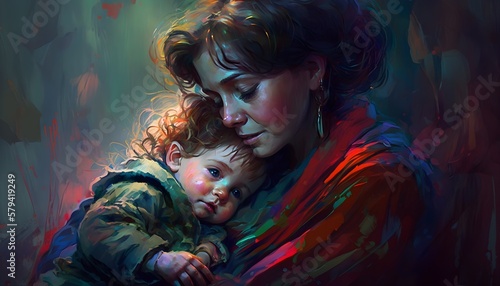 Child in his mother lap colourfull painting ultra 4k illustraion. Generated Ai