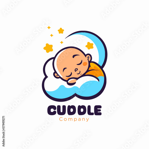 Cute baby sleeping in the cloud with stars. Vector illustration.
