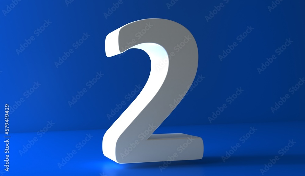 Number 2 in white on light blue background, isolated number 3d rendering. Number 2 in white on light blue background, isolated number 3d rendering.