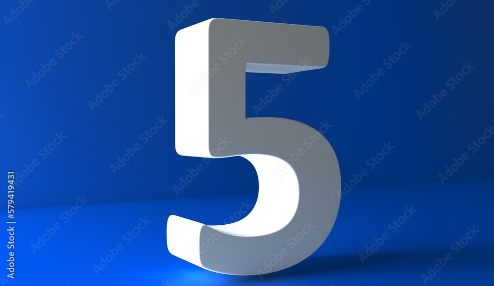 Number 5 in white on light blue background, Five number isolated 3d rendering. Number 5 in white on light blue background, Five number isolated 3d rendering.