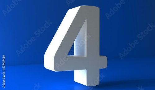 Number 4 in white on light blue background, four isolated number 3d rendering.