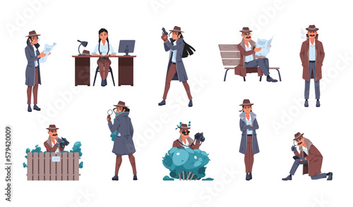 Man and woman detective. Cartoon private inspector characters investigate crime searching for evidence, male female police agents at work. Vector set