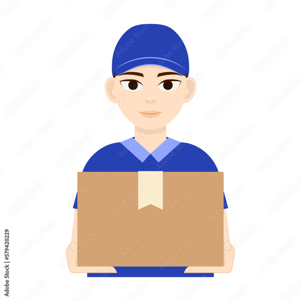A courier in a blue uniform holds a box and passes the parcel A courier in a blue uniform holds a box and passes the parcel