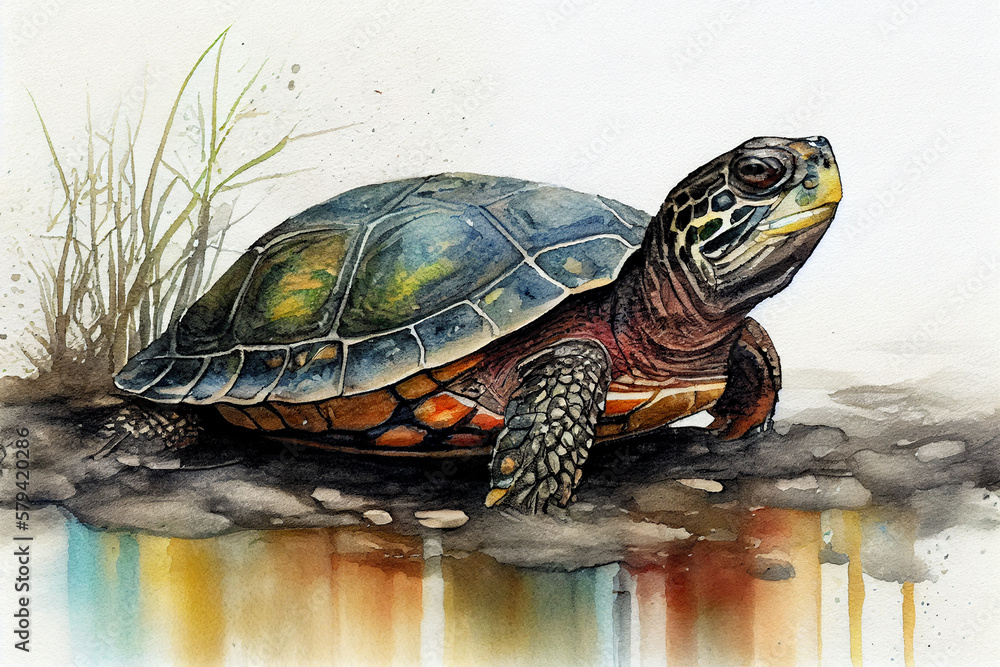 Obraz premium Turtle drawing with bit of watercolour.