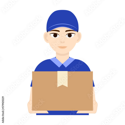 A courier in a blue uniform holds a box and passes the parcel