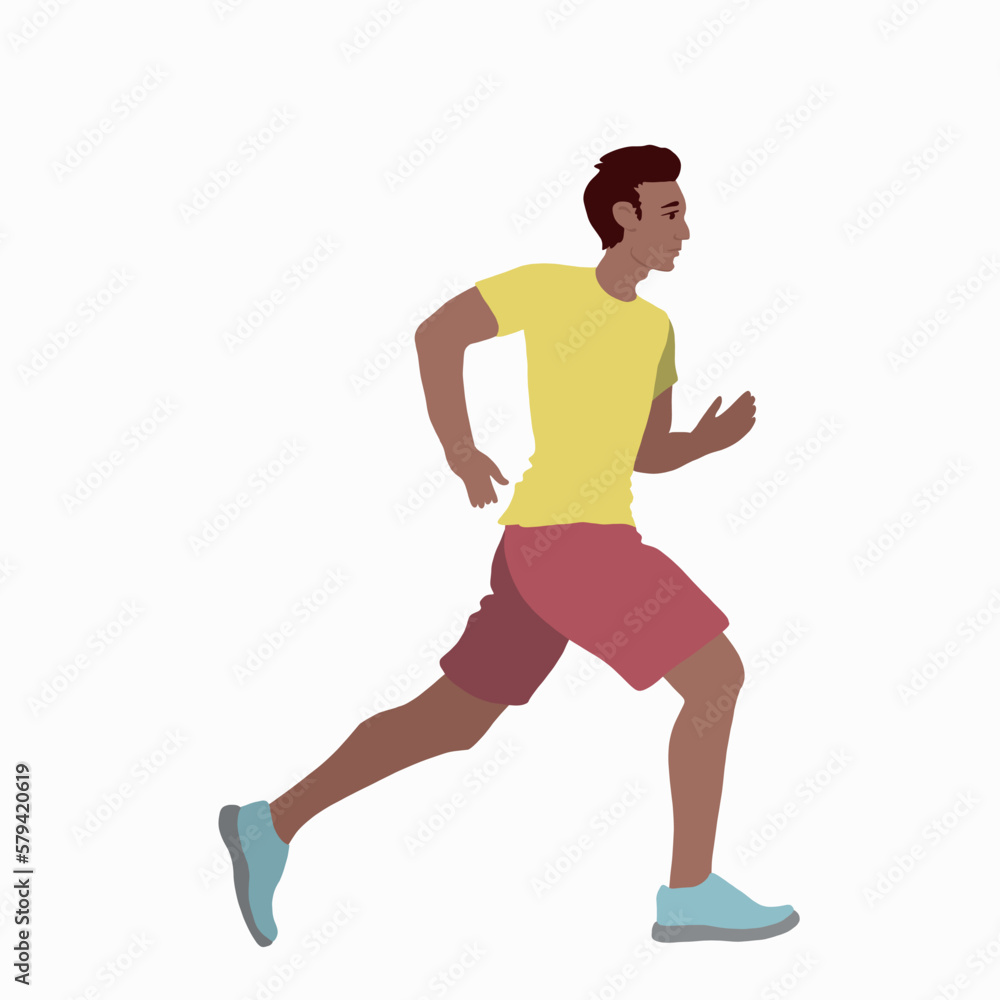 a dark-skinned young man is jogging. Vector illustration in a flat style.