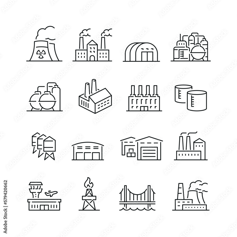 Vector line set of icons related with Industrial buildings. Contains ...