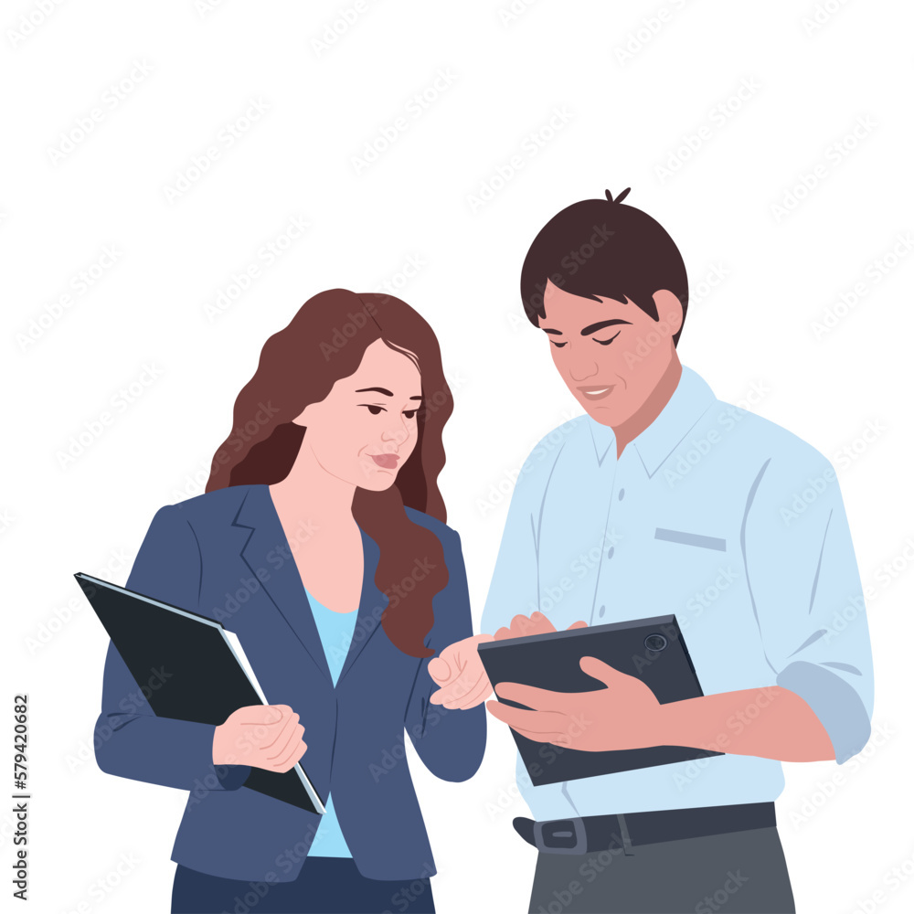 A young business man and a business girl are negotiating. A man is holding a tablet in his hands. Male and female character design. Modern lifestyle. Vector flat illustration A young business man and a business girl are negotiating. A man is holding a tablet in his hands. Male and female character design. Modern lifestyle. Vector flat illustration