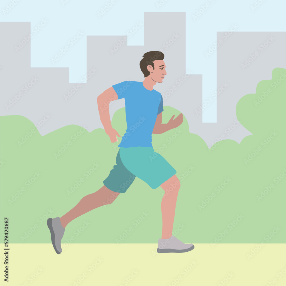 A young man is jogging in the city in the park. Vector illustration in a flat style.