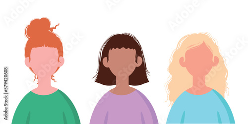 female avatars without a face on a white background with different hairstyles . portraits of women and girls. vector flat illustration.