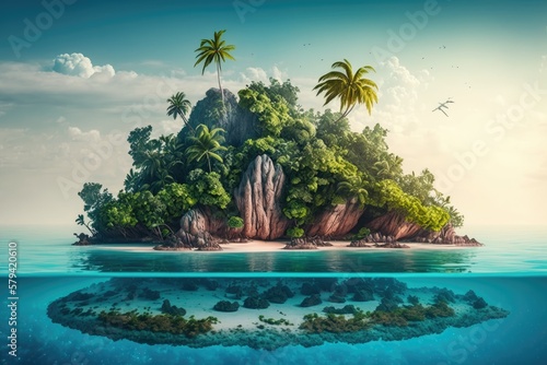 View from over the water to a tropical island. View of tropical islands from the ocean. Scenery of tropical islands in the water. Marine Island Scenery. Generative AI