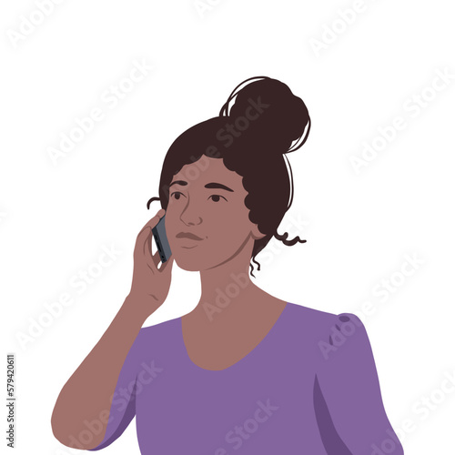 a beautiful dark-skinned girl is talking on the phone. vector flat illustration