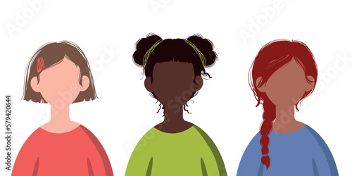 female avatars without a face on a white background with different hairstyles . portraits of women and girls. vector flat illustration.