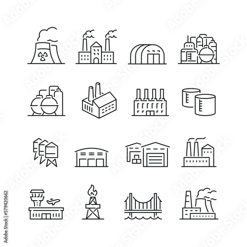 Vector line set of icons related with Industrial buildings. Contains monochrome icons like factory, warehouse, bridge, airport, nuclear power plant and more. Simple outline sign.