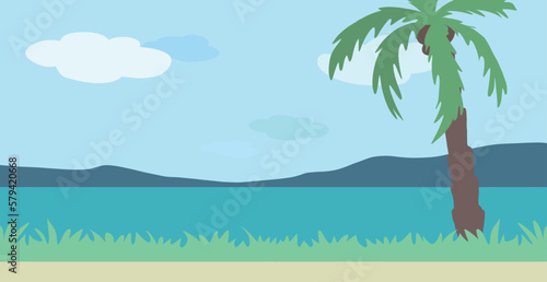a simple landscape by the sea with a palm tree. Vector illustration in a flat style.