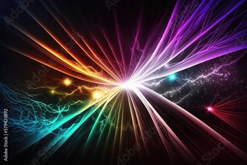 neon abstract background with squiggly lines of light, beams of laser light, and a conflagration of colored fireworks. Generative AI
