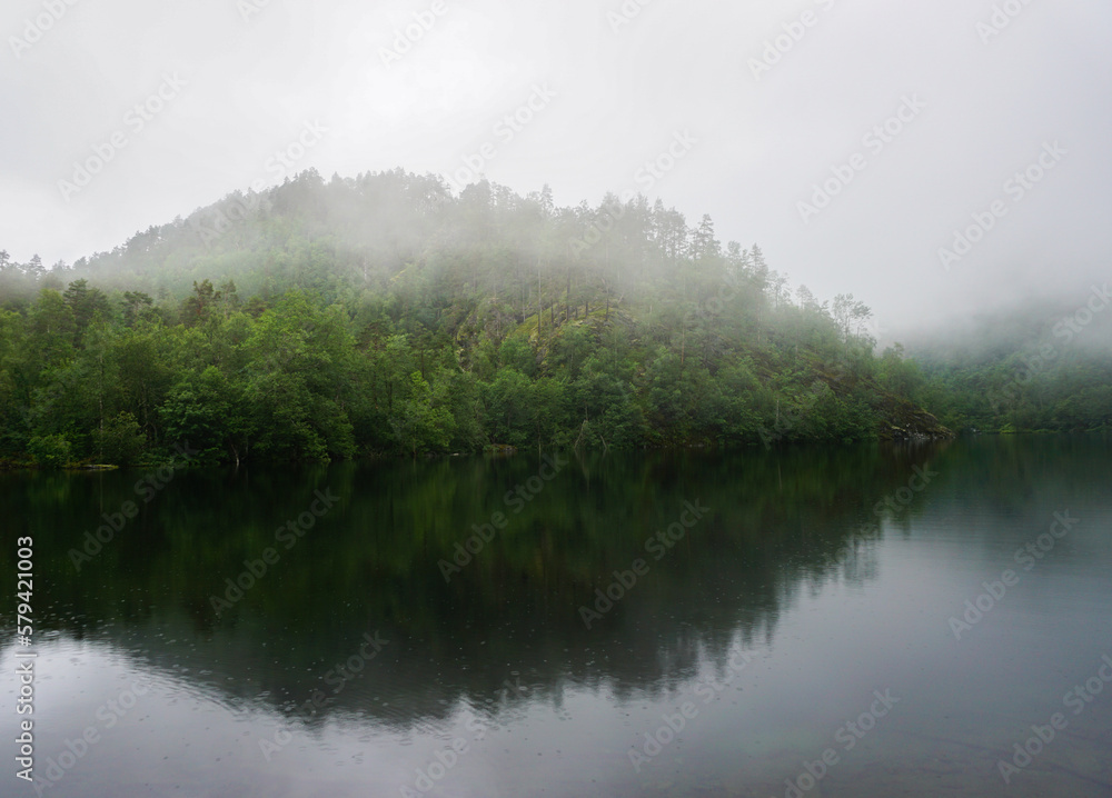 Clear water lake covered by fog and surrounded by green, healthy forest Clear water lake covered by fog and surrounded by green, healthy forest