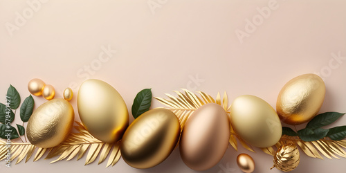 Easter background. Easter golden decorated eggs isolated on beige background. Minimal easter concept with copy space. Generative AI.