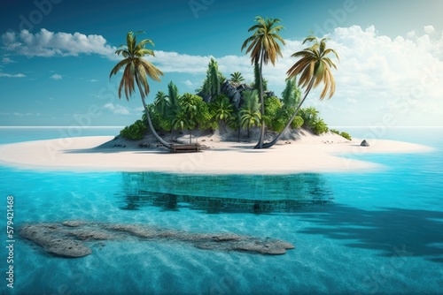 Complete island paradise inside an atoll in the Indian Ocean. Palm studded, tropical paradise that has never been settled. Deserted beach on a faraway tropical island. Generative AI