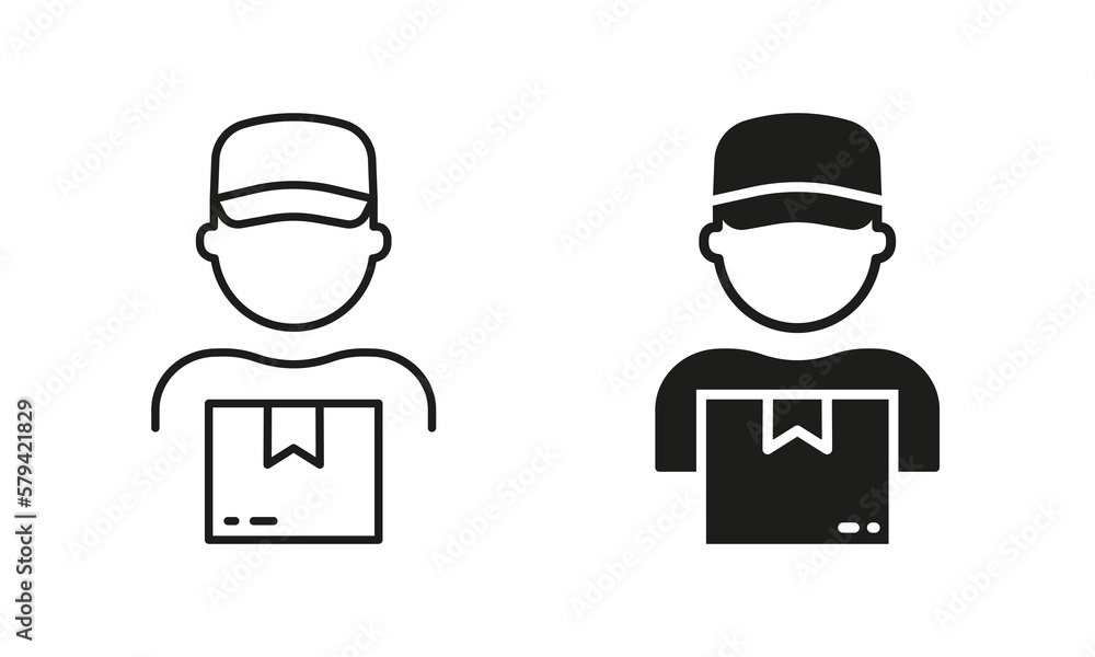 Delivery Worker Holding Parcel Box in Hand Silhouette and Line Icon Set. Postman Guy in Uniform Cap Pictogram. Shipment Man Courier Deliver Package Sign. Editable Stroke. Isolated Vector Illustration