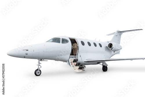 Close-up of the modern business jet with an opened gangway door isolated on transparent background