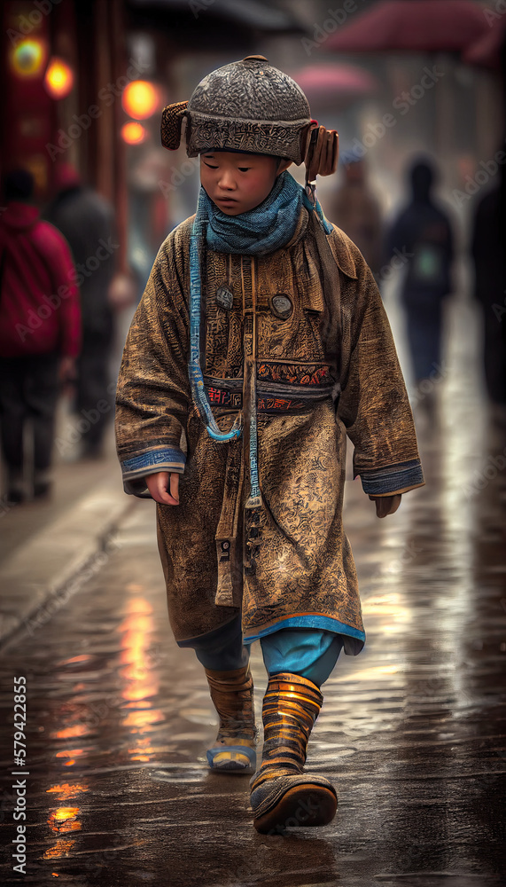 Chinese boy in traditional clothes walking down the street, Generative AI Chinese boy in traditional clothes walking down the street, Generative AI