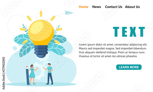 Businessman think a new creative idea and innovative concepts. Startup business. Big Light bulb and miniature people. Vector illustration flat cartoon design for banner, poster, and background.