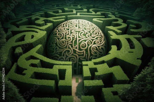 Brain Activities, Brain Fitness. How to Improve Cognitive Skills With the Brain Gym. Brain Shape Maze, big labyrinth with Brain in center. AI generative photo