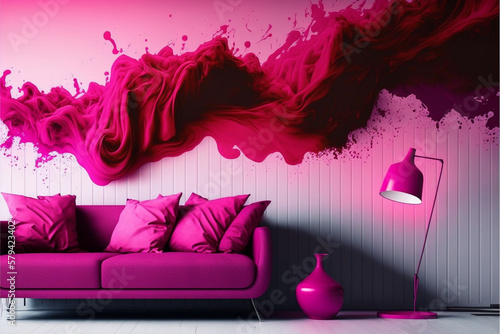 A stylish bedroom with magenta Pantone furniture and decoration photo