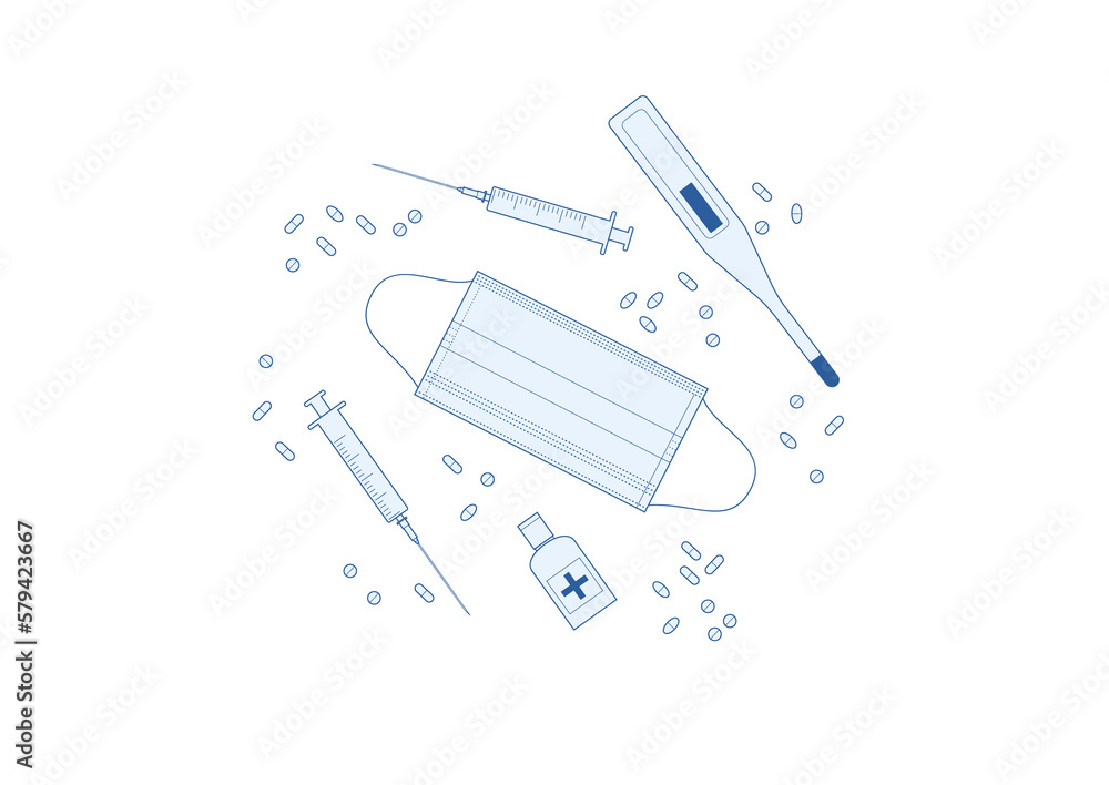 Medical background: thermometer, medical mask, syringe, pills. Vector illustration Medical background: thermometer, medical mask, syringe, pills. Vector illustration