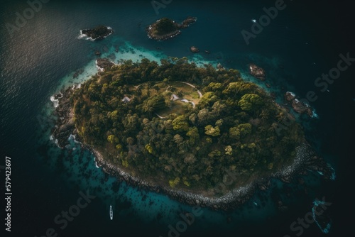 The little, rural island of Santo Aleixo, as seen from above, is home to stunning natural features and is a veritable paradise for nature lovers and those seeking solitude. Generative AI © 2rogan