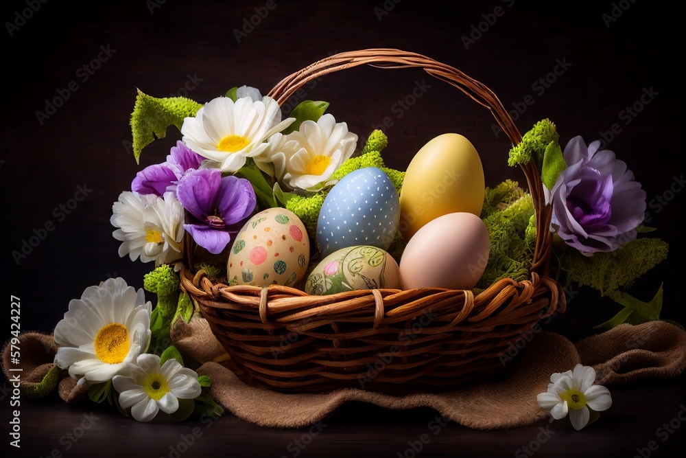 Easter wicker basket with painted eggs and spring flowers. Easter card Easter wicker basket with painted eggs and spring flowers. Easter card