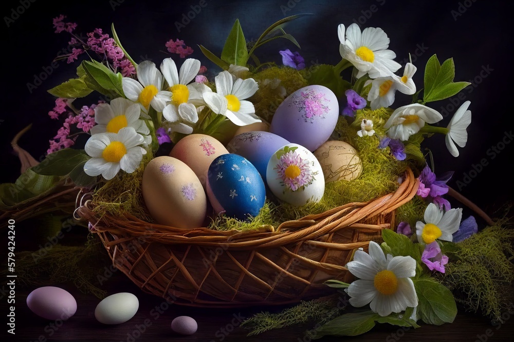 Fototapeta premium Easter wicker basket with painted eggs and spring flowers. Easter card