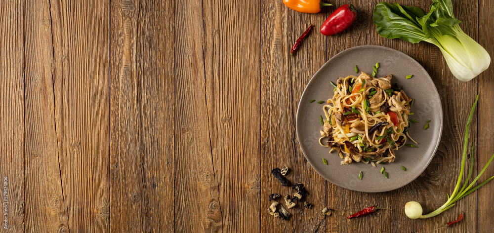 Pasta with chicken in oyster sauce. Pasta with chicken in oyster sauce.