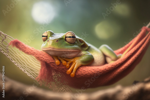 Closeup portrait of cute frog sleeping in a hammock. Generative AI.