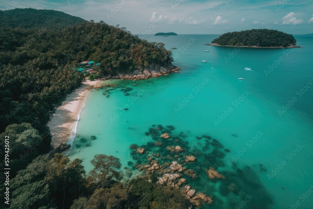 Amazing beach and lovely water in the Andaman Sea may be found at Patong, Phuket, Thailand, between September 16 and September 21, 2021. View from above Wide angle drone camera footage. Generative AI