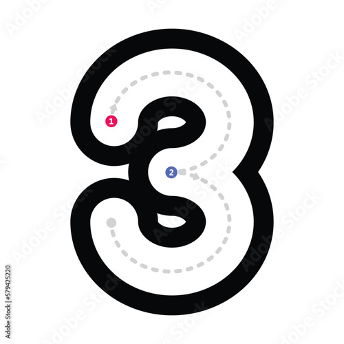 Tracing number 3 prewriting dotted line math worksheet element for kindergarten and preschool kids for handwriting practice activity